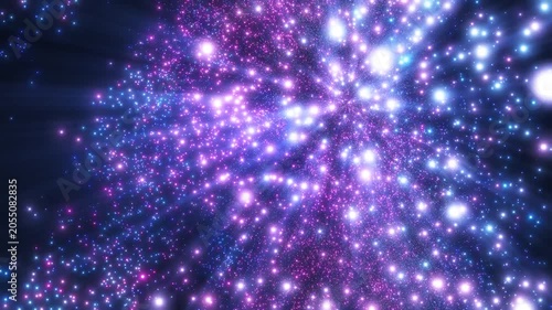 Blue and pink glowing particles collide in a vibrant cosmic explosion, creating an abstract energy field with motion, depth, and light.