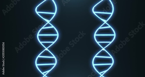 Glowing blue DNA helix structures on a dark background symbolize genetics, biotechnology, scientific research, and innovation.