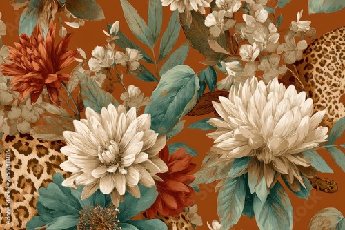 Artistic seamless pattern combining lush exotic blooms and leopard spots in earthy burnt orange, emerald and cream palette, hand illustrated safari inspired perfect for fabric design concept