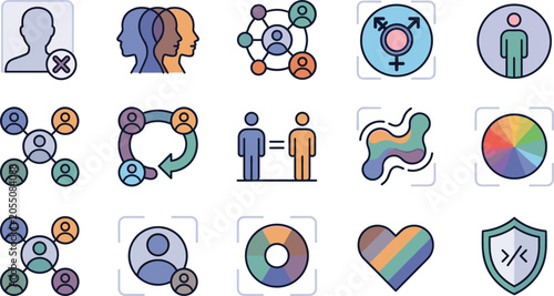 Diversity equity and inclusion outline icons set including gender equality pride lgbt community network line vector illustration
