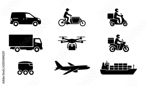 Delivery Icons: Van, Scooter, Drone, Truck, Bicycle, Plane, Ship, Cargo Vehicle