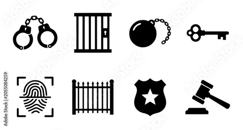 Justice Icons: Handcuffs, Jail Cell, Ball and Chain, Key, Fingerprint, Gavel, Badge