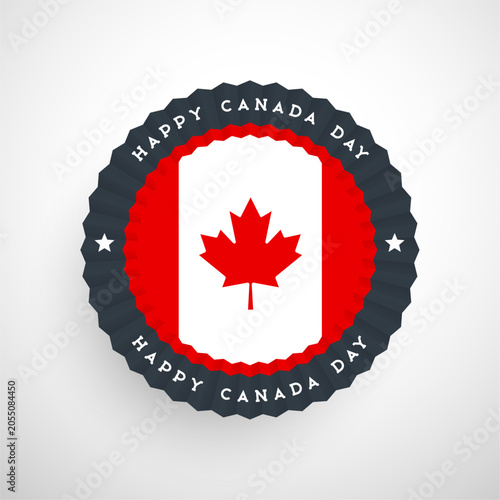 happy canada day round badge emblem with maple leaf symbol