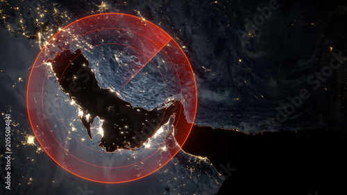 Strategic Middle East map template of Strait of Hormuz and Iran at night with radar screen. Persian Gulf energy crisis, sanctions and military target concept with copy space for news media. 3d render