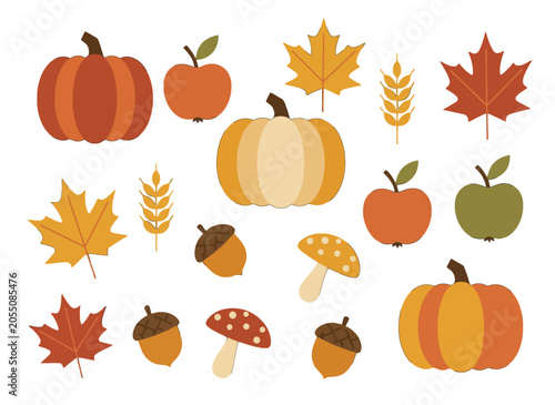 Autumn Harvest Elements Collection with Pumpkins Apples Leaves and Mushrooms