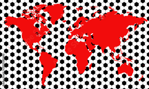 Foto World map with football, soccer ball pattern in black and white, contrasting red