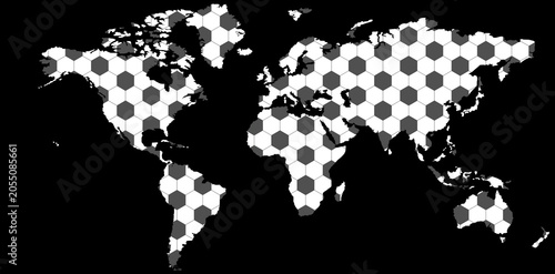 World map with football, soccer ball pattern in black and white, game, competition, cup, championship