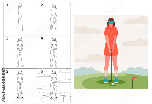 Step-by-step instructions on how to draw a golfer. Drawing lesson, outlines, coloring. A female golfer, girl is playing golf.