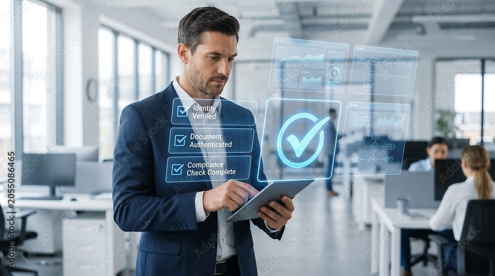 Fototapeta premium Businessman in suit holding tablet with virtual checkmark and documents floating above, symbolizing verification and approval in a modern office setting with technology