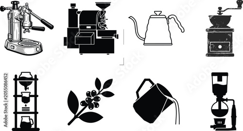 Bild auf Leinwand Black silhouette icons of specialty coffee brewing and roasting equipment featur