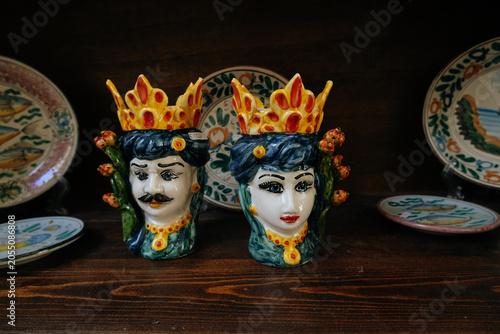 Bild auf Leinwand Traditional Sicilian Moor's Head (Testa di Moro) ceramic vases, Sicilian heritag