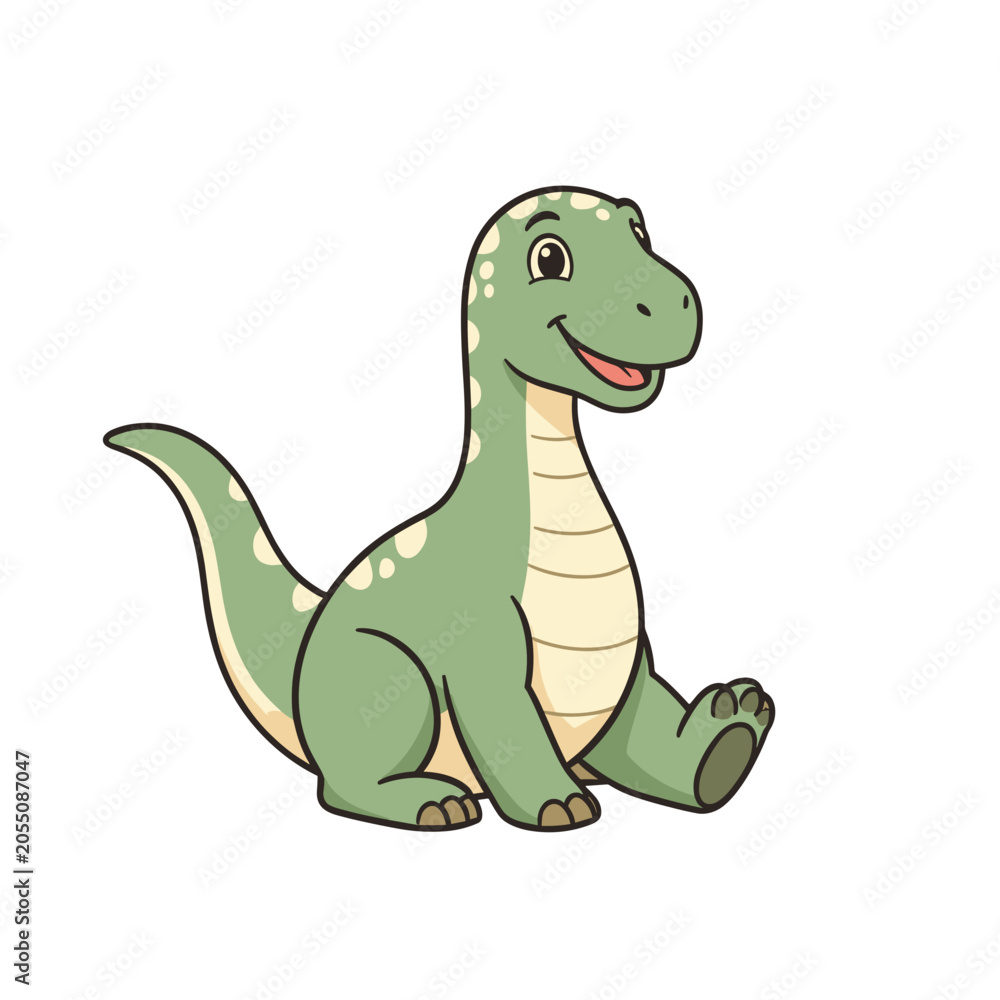Naklejka premium Cute Green Cartoon Dinosaur Sitting Isolated Vector Illustration, Friendly Smiling Character for Kids Education and Animation Projects