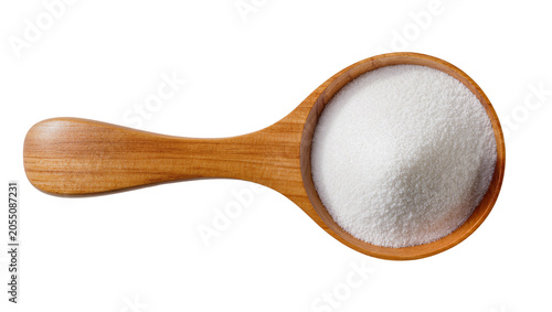 Fotografía Isolated wooden spoon full of white granulated sugar from above for baking and c