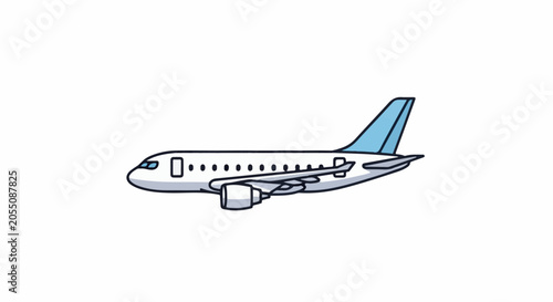 A stylized, side-view illustration of a white passenger jet with light blue accents on its tail and wingtips