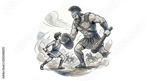 Canvastavla Brave young hero facing a massive giant warrior in battle