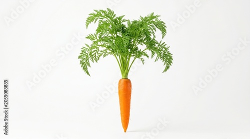 Vibrant orange fresh organic carrot standing upright with lush green leafy top on a clean pure white background, showcasing healthy natural root vegetable produce for nutrition, growth, and