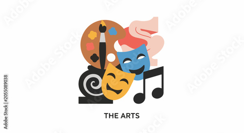 Artistic collage paint palette, brush, theatre masks, musical notes, abstract shapes
