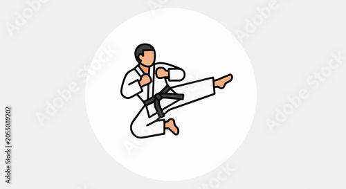 A person in a white martial arts uniform with a black belt performs a high kick