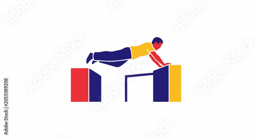 A person performs a push-up over a gap between two colorful platforms