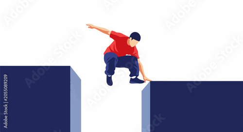 A person in red and blue clothing performs a parkour jump between two dark blue platforms