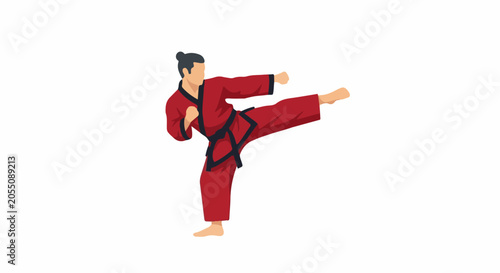 A person in a red karate gi performs a side kick