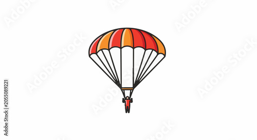 A person in a red jumpsuit parachutes down with an orange and red canopy