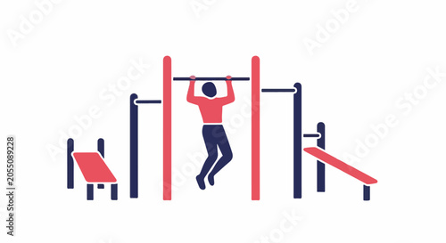 A person exercises on a pull-up bar, with gym equipment nearby