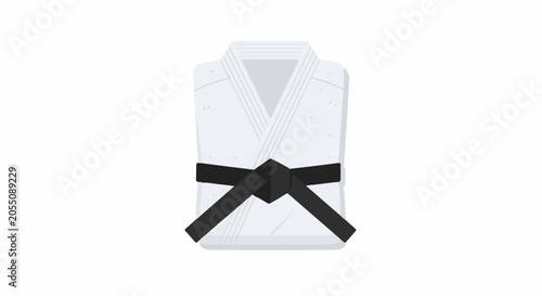A neatly folded white martial arts uniform with a black belt tied around it