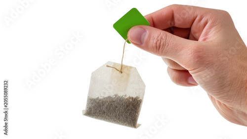 Foto Isolated human hand gently holding a tea bag by its vibrant green tag, ready for brewing