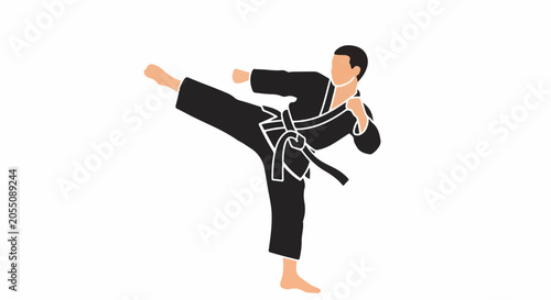A person in a black martial arts uniform performs a high kick