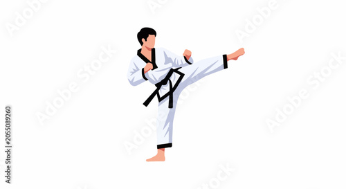 A martial artist in a white uniform performs a high kick