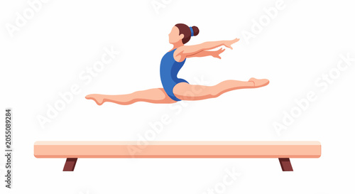 A gymnast in a blue leotard performs a split jump over a wooden balance beam