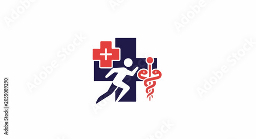 A graphic featuring a running figure, medical cross, and caduceus