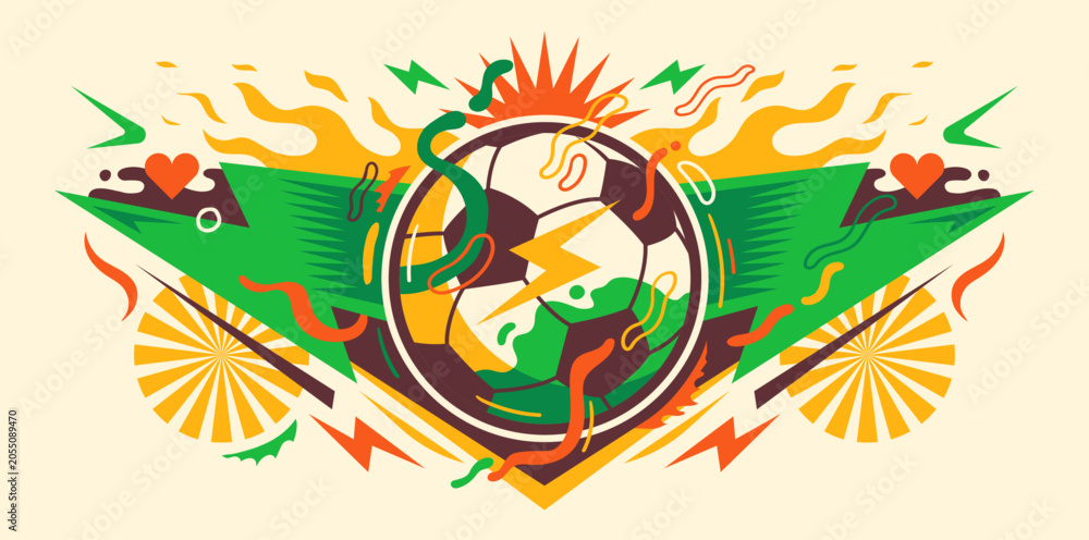 Naklejka premium Vibrant retro soccer illustration with psychedelic shapes, lightning bolts, and energetic summer festival vibes.