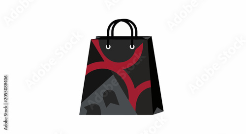 A black shopping bag with red abstract curved lines and geometric shapes