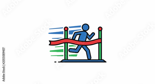 A blue stick figure runs through a red ribbon at a finish line