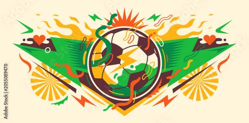 Vibrant retro soccer illustration with psychedelic shapes, lightning bolts, and energetic summer festival vibes.