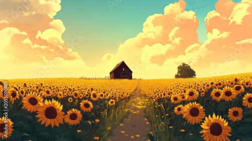 Sunflowers field, barn, path