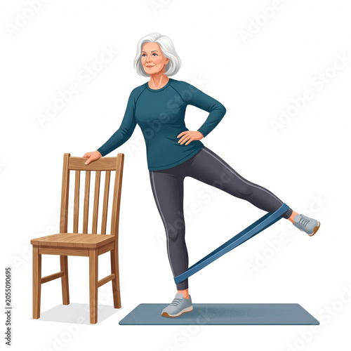 Senior Woman Doing Hip Abduction Physical Therapy Exercise at Home with Resistance Band and Chair Support