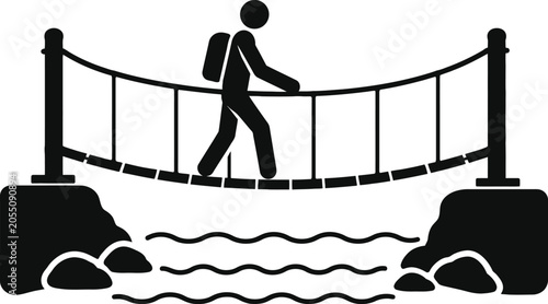 Obraz na plátne Person Crossing Suspension Bridge, Hiking and Adventure Illustration