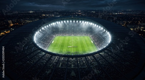 Aerial high-angle view of a modern soccer stadium at night, with bright arena floodlights illuminating the green pitch during a major football championship match under a dark city skyline.