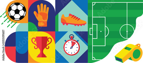 Sports Icon Set Vector Illustration Football Trophy Timer Field Equipment