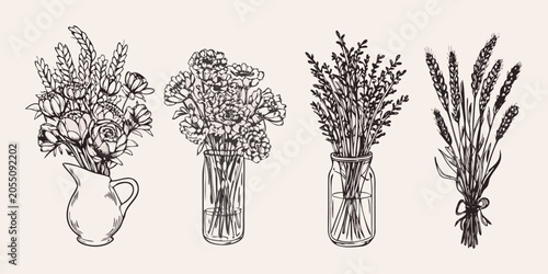 Fotografija Floral Arrangements In Vases Hand drawn Sketch Illustration