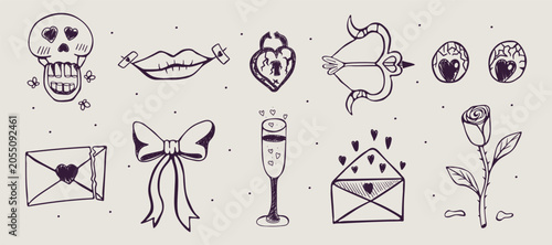 Set of outline icons in hand drawn style. Vector illustration isolated on white background