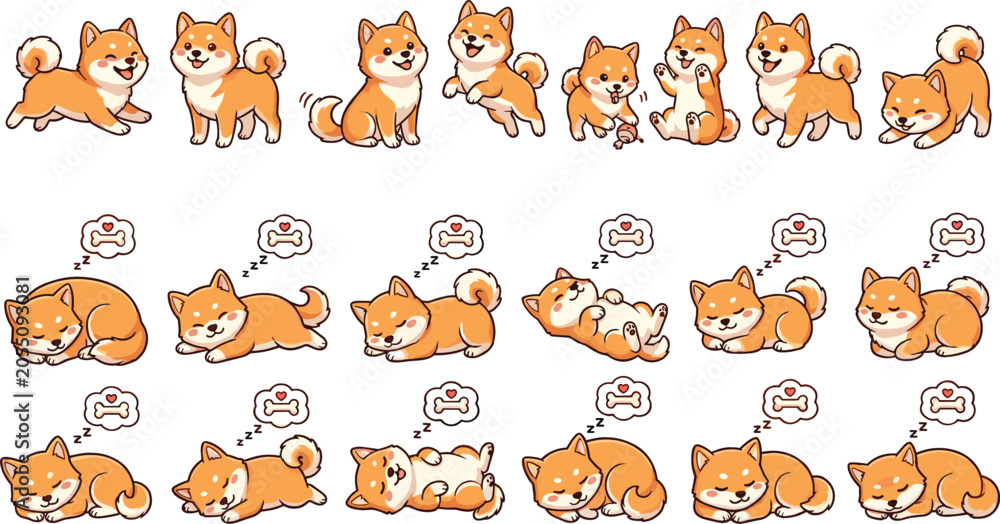 Obraz premium Cute Shiba Inu Dog Vector Sticker Set with Playful Puppy Poses, Sleeping Canines, and Bone Dream Bubbles for Kids Stationery and Pet Graphic Designs