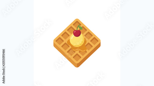 Fotografie Isometric Belgian Waffle with Vanilla Ice Cream and Cherry Topping