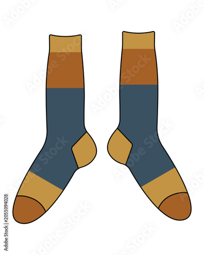 Colorful Striped Socks Vector Illustration. Vector illustration of two colorful striped socks designed with shades of blue, yellow, and brown