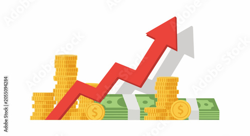 Illustrative depiction of financial growth with stacks of coins and bills, and an upward trending arrow