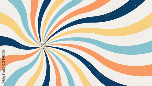 Fotografija A vibrant retro-style sunburst background featuring swirling wavy rays in pastel and bold colors (blue, yellow, orange) on a neutral off-white background with a subtle grunge or noise texture