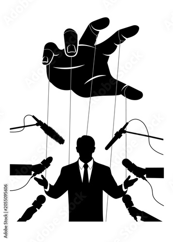 A human puppet that is moved by a puppeteer from above using strings